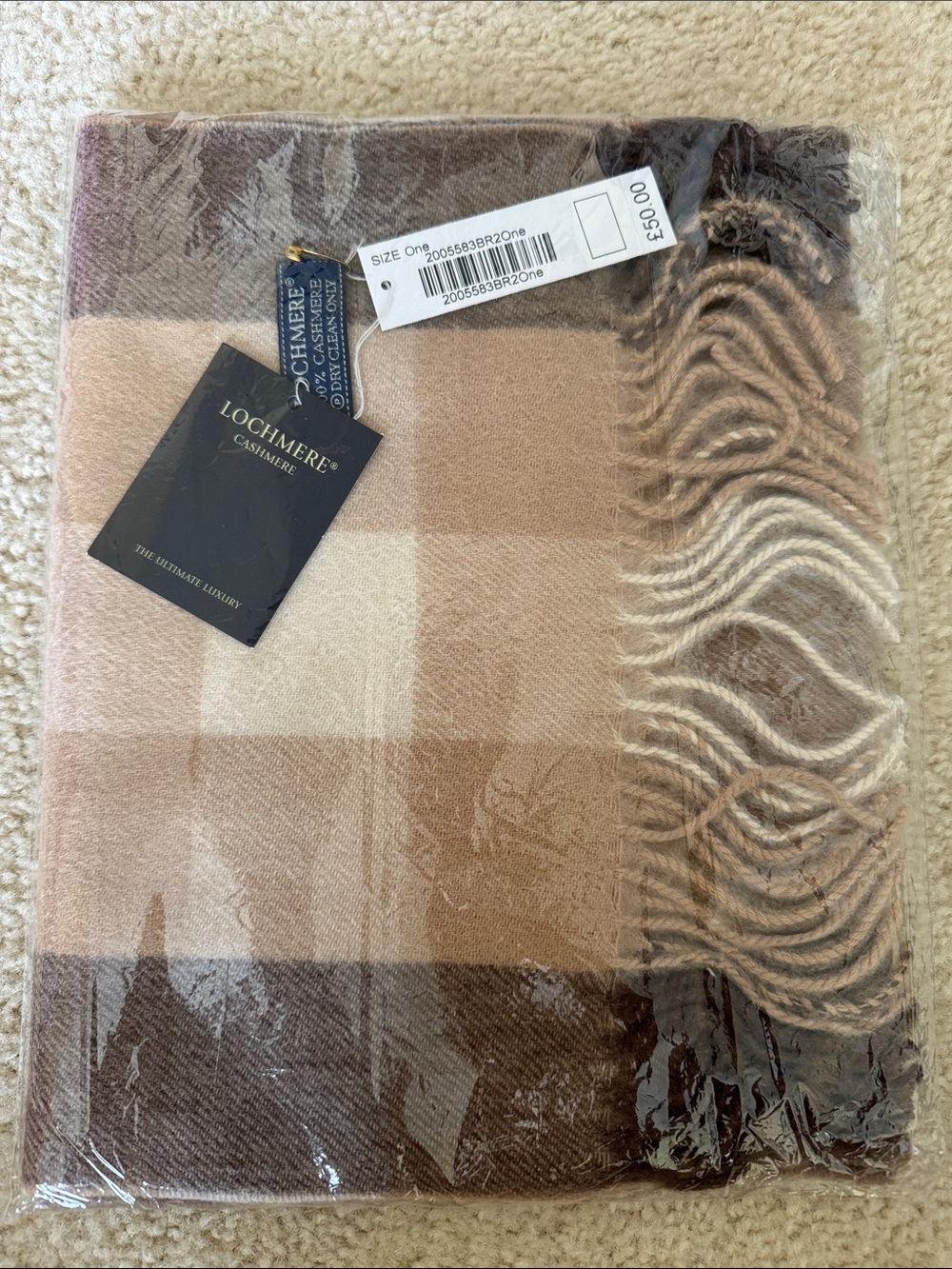 Lochmere Beige Plaid Cashmere Scarf - unisex NWT